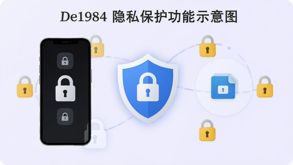 De1984隐私保护功能示意图,展示应用锁界面与加密文件图标,背景为淡紫色,中心位置有盾牌图形,周围环绕锁形图标,风格简约,安全感强,画质干净
