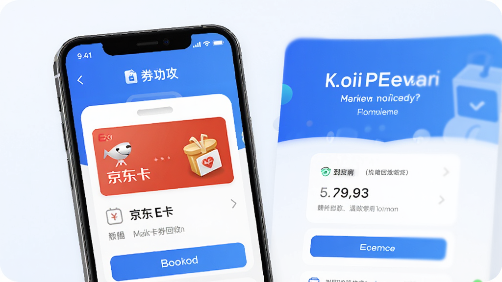 特特收是一款卡券回收应用,界面简洁现代,以蓝色为主色调,手机屏幕展示京东E卡回收流程,背景有回收成功提示和到账信息,整体风格干净明亮,突出安全便捷,高清画质,无多余元素