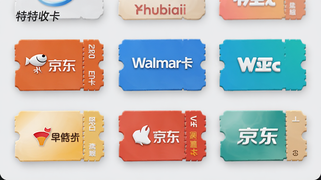 特特收应用界面展示多种卡券图标,包括京东E卡、沃尔玛卡等,排列整齐,背景为浅灰色,卡片图标立体感强,整体布局清晰,画质干净,突出多平台支持的特点