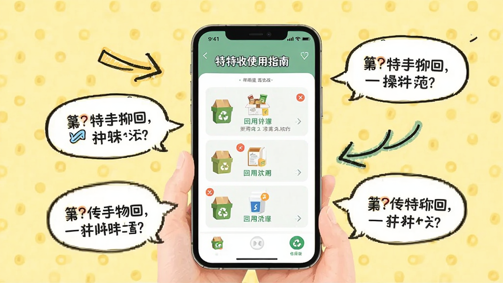 特特收使用指南场景图,手机屏幕显示回收流程步骤,周围有操作提示气泡,背景为浅黄色,手绘风格箭头指引,布局清晰,整体明亮,画质干净