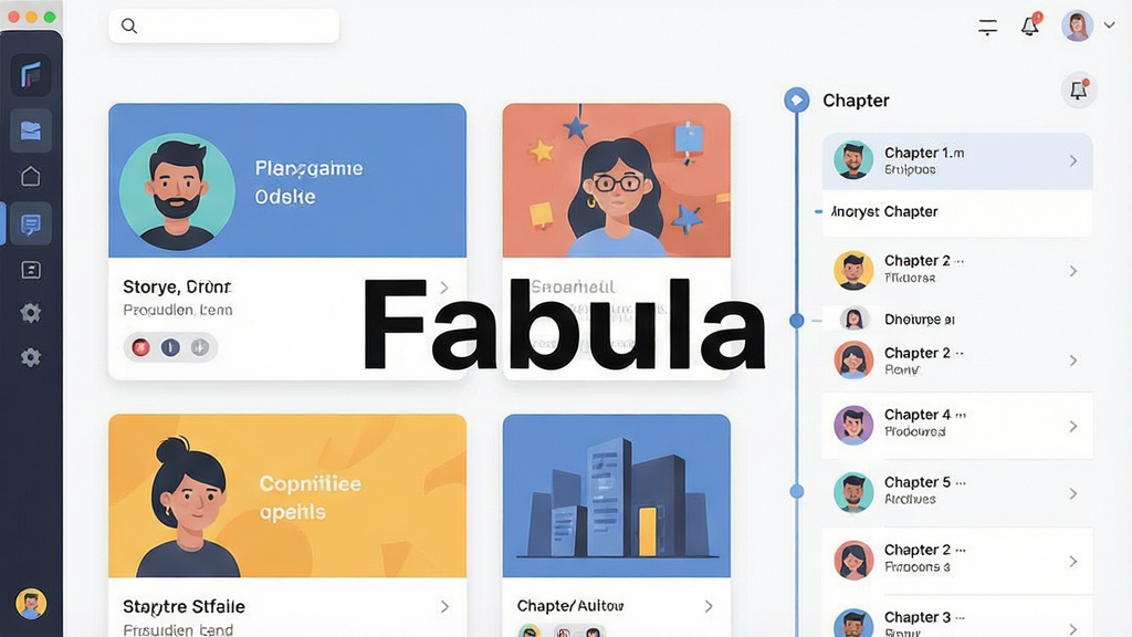 一幅现代扁平化风格的应用预览图,主体是Fabula软件界面,展示故事卡片与时间线布局,排版清晰,风格简洁明快,细节包含人物头像与章节列表,画质高清干净,无多余元素,图片中央带有“Fabula”字样