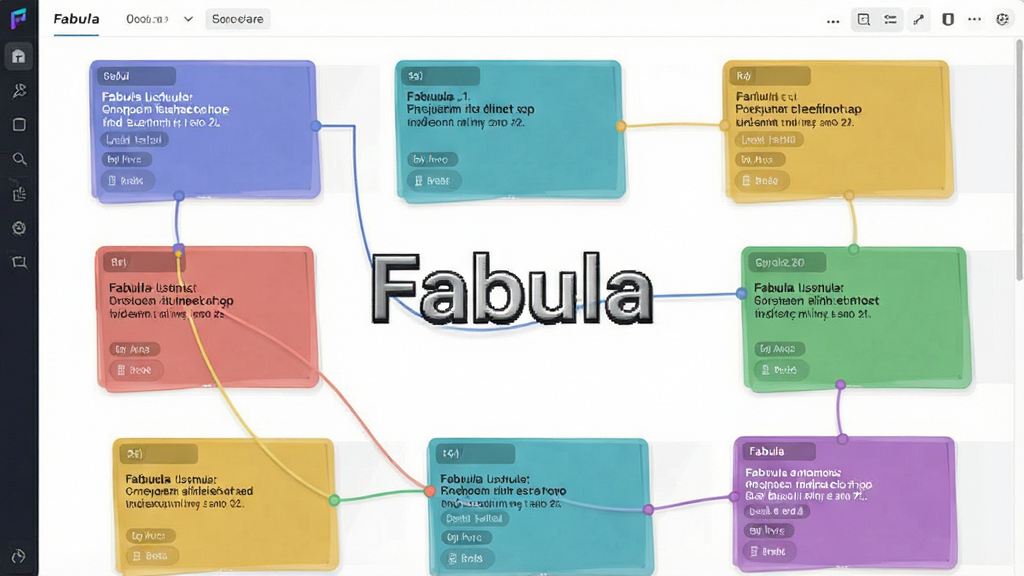 一张软件界面截图,主体是Fabula的故事板视图,卡片用不同颜色区分,布局错落有致,风格清爽,细节包含连接线与标签,画质清晰,干净无多余元素,图片中央带有“Fabula”字样