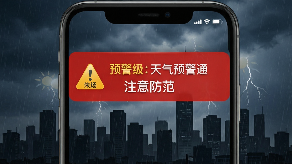 实时天气预报王天气预警通知横幅,主体为手机顶部弹出的红色预警横幅,背景为暴雨城市剪影,布局为横向通栏,排版醒目,风格写实庄重,细节包含预警等级标识与“注意防范”字样,画质高清震撼,干净无多余元素