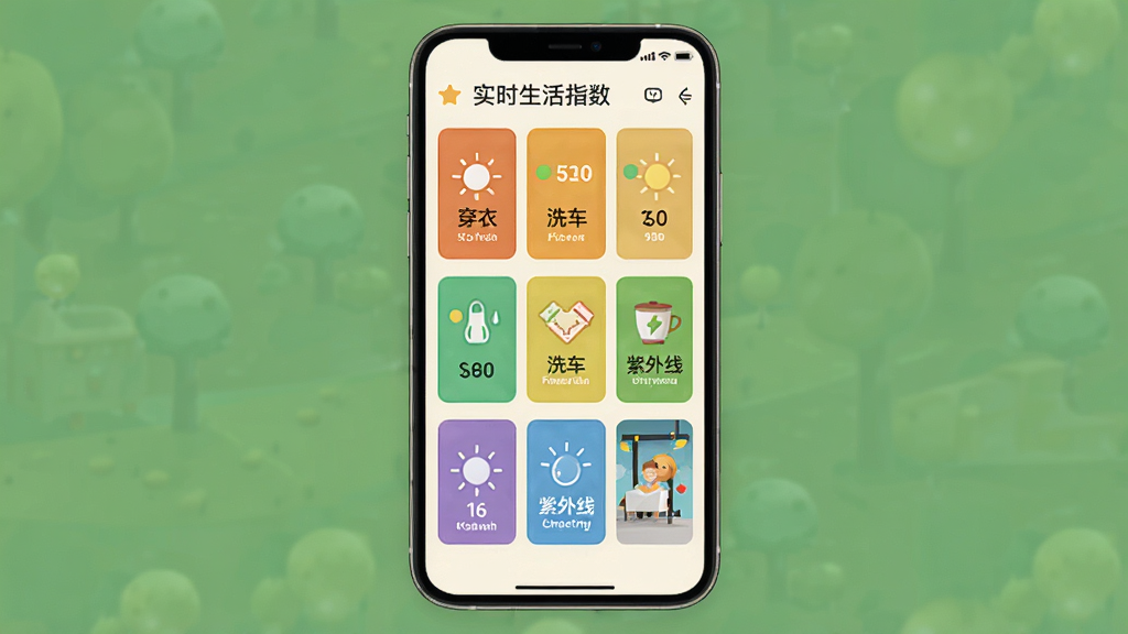 实时天气预报王生活指数界面展示,主体为手机竖屏显示穿衣、洗车、紫外线等彩色指数卡片,布局为九宫格排列,排版整齐,风格简约温馨,细节包含每个指数的等级图标与简短建议文字,画质柔和清晰,干净无多余元素