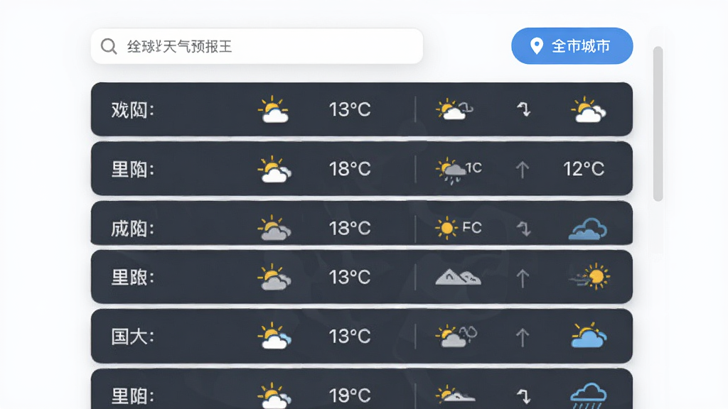 实时天气预报王全球城市列表页面,主体为列表展示国内外城市名称及当前温度与天气图标,布局为单列列表,排版清晰,风格现代简洁,细节包含搜索框与定位按钮,画质明亮干净,无多余元素
