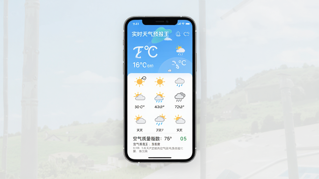 实时天气预报王APP界面预览图,主体为手机屏幕展示实时温度与未来7天天气图标,布局居中,排版清晰,采用扁平化设计风格,色彩明亮清新,细节包含天气动画与空气质量指数,画质高清通透,干净无多余元素