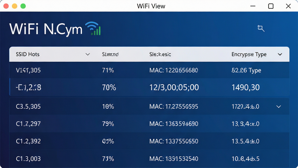 一幅展示WiFi View软件主界面的高清截图,界面风格简洁现代,顶部显示当前连接的WiFi名称与信号强度图标,下方列表清晰列出周边热点的SSID、信号百分比、MAC地址、加密类型等参数,背景采用深蓝色渐变,数据以白色字体呈现,整体布局清晰易读,画质精细,干净无多余元素。