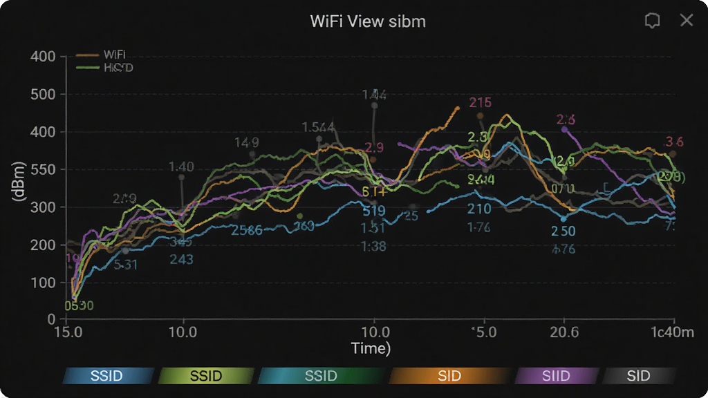 展示WiFi View信号强度监测界面的图片,画面中央是一个折线图,横轴为时间,纵轴为信号强度(dBm),多条不同颜色的曲线代表不同WiFi热点,图表下方有对应的SSID颜色标记,界面整体采用深色主题,线条清晰,数据标注准确,画质干净,无多余元素。