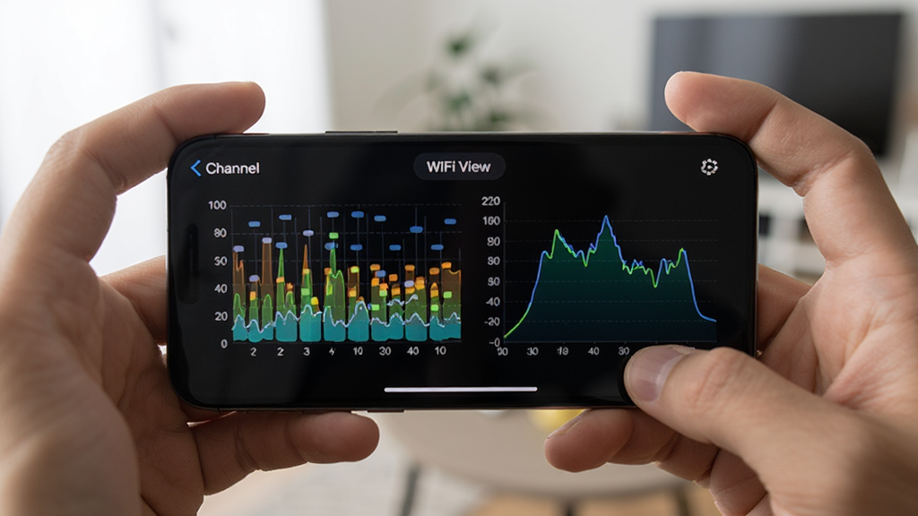展示WiFi View在手机上运行的使用场景,手机横屏握持,屏幕显示频道图表和信号曲线,背景为模糊的室内环境,画面明亮清晰,突出手机屏幕中的软件界面,画质精细,无多余元素。