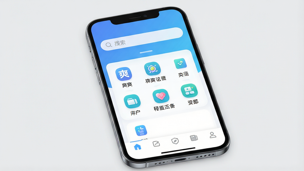 主体:一部亮着屏幕的智能手机,屏幕上显示“爽爽”APP的首页界面,界面以蓝白渐变色为主,顶部有搜索栏,中部有功能图标网格,底部有导航栏。布局:手机居中,屏幕内容清晰可见,背景为浅灰色纯净背景。排版:手机略微倾斜,突出屏幕内容,界面元素排列整齐。风格:现代扁平化风格,色彩明快,干净清爽。细节:屏幕内图标精致,文字标签清晰,整体光线均匀。画质:4K高清,干净,无多余元素。