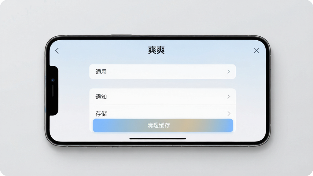 主体:一部手机屏幕显示“爽爽”APP的设置页面,上面有“通用”、“通知”、“存储”等选项。布局:手机横屏展示,屏幕内容清晰,背景为浅灰色。排版:设置列表居中,文字清晰。风格:简洁风格,色彩柔和。细节:屏幕上有“清理缓存”按钮高亮显示。画质:高清,干净,无多余元素。