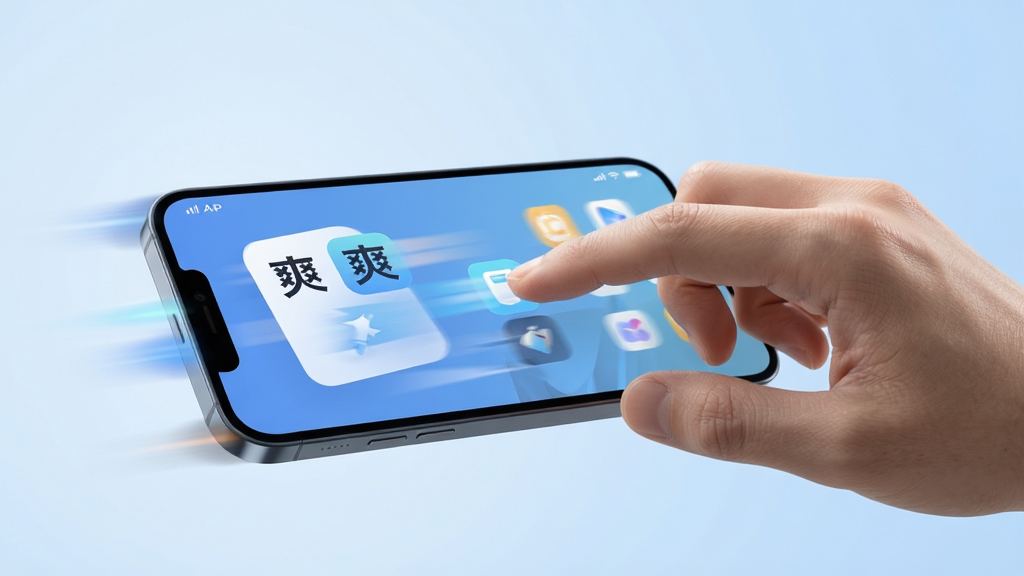 主体:一只手正在滑动手机屏幕,屏幕上显示“爽爽”APP的流畅操作界面,界面有快速切换的动画效果。布局:手部动作自然,屏幕界面清晰,背景为淡蓝色渐变。排版:屏幕居中,手部位于屏幕右侧,突出重点。风格:科技感,动态模糊效果体现速度。细节:屏幕上有轻微的运动轨迹线,图标清晰。画质:高清渲染,干净,无多余元素。
