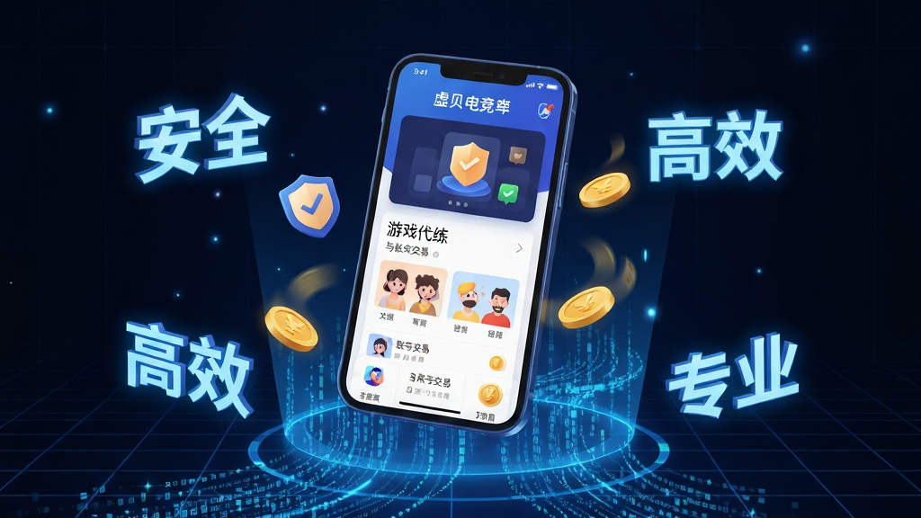 画面主体为虚贝电竞APP的3D模型悬浮于科技感十足的蓝色数据流之上,周围环绕着“安全”、“高效”、“专业”等发光字体。布局采用中心构图,APP界面清晰展示游戏代练与账号交易板块。排版风格为现代扁平化结合微拟物,背景为深色渐变搭配光效网格。细节上突出盾牌认证图标与金币流转特效。画质为8K超清渲染,画面干净,无多余元素。