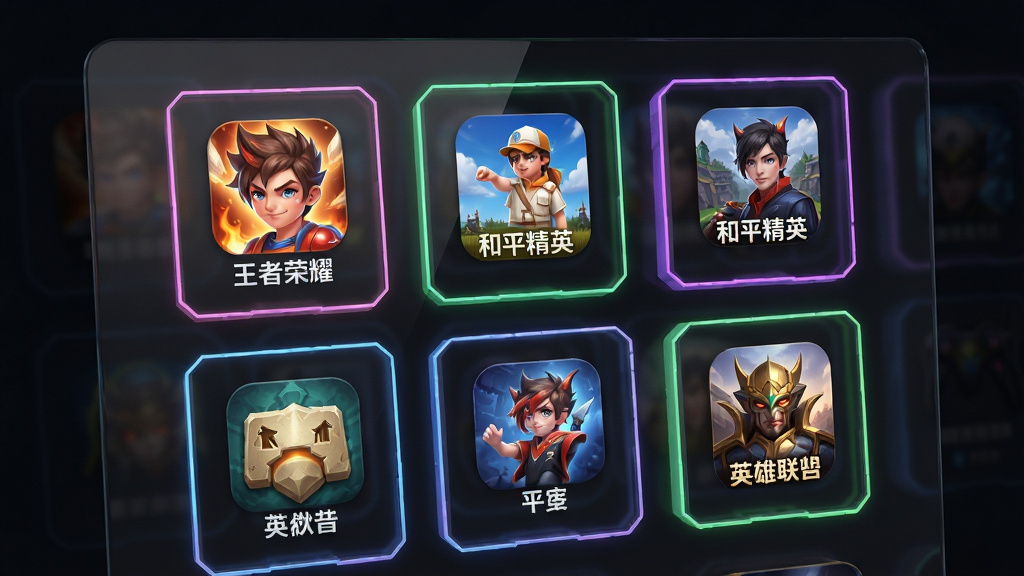 画面主体为虚贝电竞APP的游戏分类界面,背景为半透明深色玻璃质感,前景展示多个热门游戏图标以3D卡片形式排列。布局为网格状六宫格,每个卡片上标注游戏名称。排版风格为酷炫电竞风,加入霓虹光描边。细节上突出《王者荣耀》、《和平精英》、《英雄联盟》的图标。画质为超清,色彩鲜艳,画面干净,无多余元素。