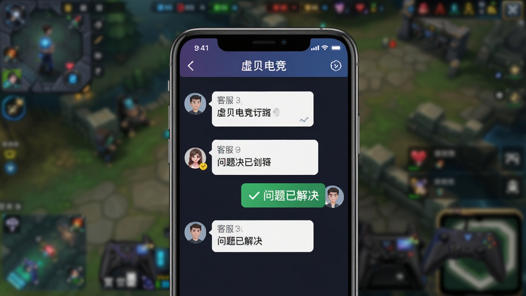 画面主体为一部智能手机屏幕显示虚贝电竞APP的客服对话界面,背景为模糊的游戏场景。布局采用手机居中构图,屏幕内展示用户与客服的聊天气泡。排版风格为UI界面展示风格,细节上突出“问题已解决”的绿色标签。画质为高清写实,光线柔和,画面干净,无多余元素。
