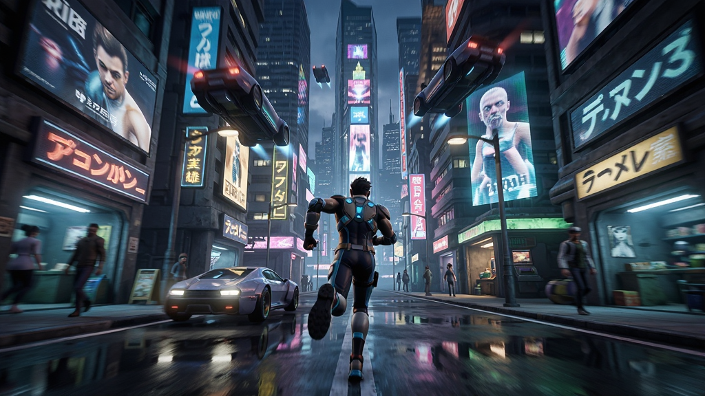 未来都市英雄3D开放世界探索场景,主角在繁华的赛博朋克街道上奔跑,背景是霓虹灯广告牌和悬浮车辆,街道两旁有各种商店和行人,构图采用广角镜头展现城市全貌,风格写实且色彩丰富,细节包括光影反射和动态模糊,画质高清,干净无多余元素