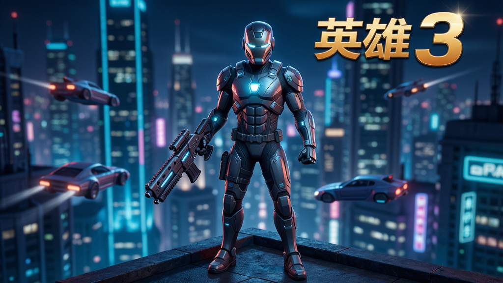 未来都市英雄3D游戏主视觉图,展示主角站在未来城市高楼天台上,俯瞰霓虹闪烁的赛博朋克风格都市夜景,身后是飞行汽车穿梭的摩天大楼群,主体人物穿着高科技战甲手持武器,画面构图以人物为中心,背景城市灯光虚化,整体风格写实且充满动感,细节丰富,画质高清,干净无多余元素