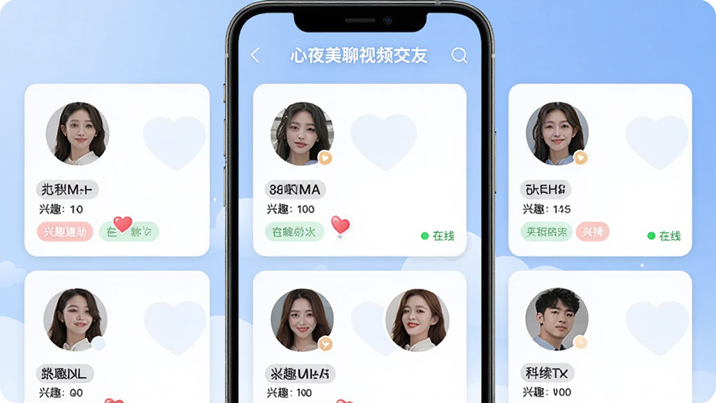 展示“心夜美聊视频交友”应用的兴趣匹配界面,屏幕上展示多个用户卡片,每张卡片包含头像、昵称、兴趣标签和在线状态,背景为淡蓝色渐变,卡片排列整齐,界面清爽简洁,细节精致,画质干净,无多余元素。