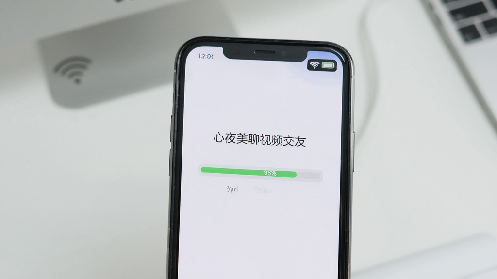 展示手机安装“心夜美聊视频交友”应用的过程,手机屏幕显示安装进度条,背景为简约桌面,旁边有Wi-Fi和电量图标,画面清晰,风格写实,画质干净,无多余元素。