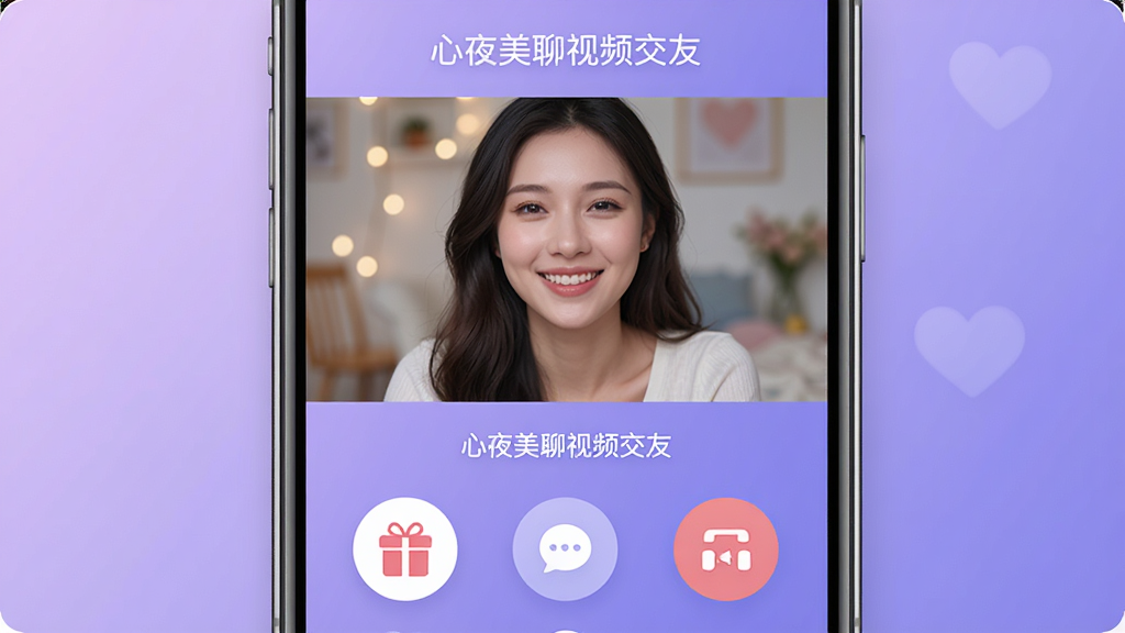 画面中心展示一款名为“心夜美聊视频交友”的手机应用界面,界面风格现代简洁,背景为柔和的渐变紫色,上方显示高清视频窗口,下方有礼物、聊天、连线等图标按钮。整体布局清晰,视觉焦点集中在视频互动区域,风格清新明亮,细节丰富,画质干净,无多余元素。