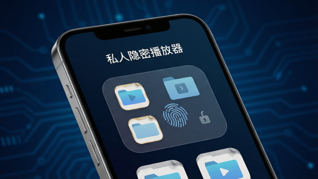 主体为一部现代智能手机,屏幕显示“私人隐密播放器”的加密文件夹界面,带有指纹锁图标。布局采用居中特写,背景为深蓝色科技感渐变。排版简洁,界面图标清晰。风格为写实3D渲染,光影质感细腻。细节包括手机边框的金属光泽和屏幕内文件缩略图。画质为8K超高清,干净无多余元素。
