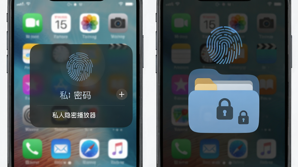 手机桌面长按弹出隐藏对话框,输入密码后进入“私人隐密播放器”的私密空间。布局为前后对比分屏,左侧是普通桌面,右侧是隐密界面。风格扁平化设计,图标圆润。细节突出指纹验证动画和文件夹加密标识。画质干净清晰,无多余文字。
