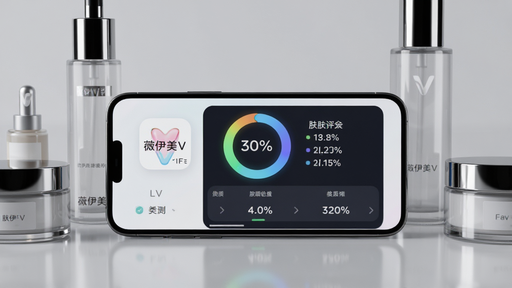 主体:智能手机屏幕展示薇伊美V的皮肤检测结果页面,包含环形图表和肤质评分。布局:手机横放于桌面,周围摆放护肤品瓶罐,背景为纯色浅灰。排版:屏幕上方显示“薇伊美V”应用图标,下方为检测数据列表。风格:科技感与现代感结合,界面UI设计精美。细节:图表数据清晰,瓶罐反光真实。画质:高清渲染,干净无多余元素。