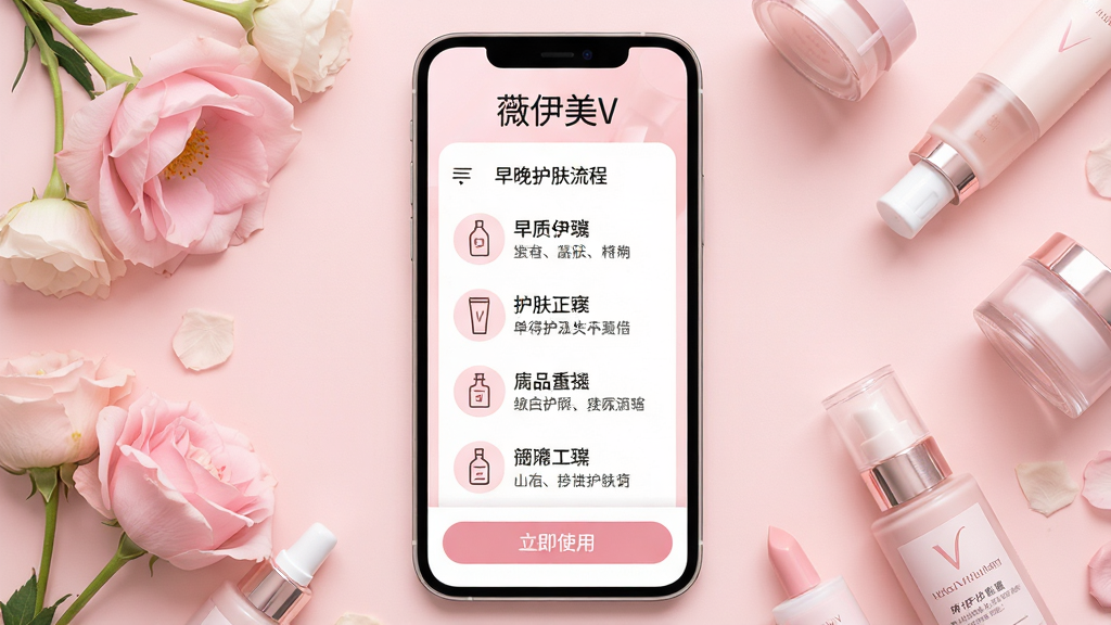 主体:手机屏幕显示薇伊美V的个性化护肤方案页面,包含早晚护肤流程列表。布局:手机竖立展示,背景为淡粉色,周围点缀花朵与护肤品。排版:屏幕上方为“薇伊美V”字样,中间为方案步骤,底部为“立即使用”按钮。风格:温柔女性化风格,粉色系,简约大方。细节:护肤步骤图标精致,文字清晰。画质:4K超清,干净无多余元素。