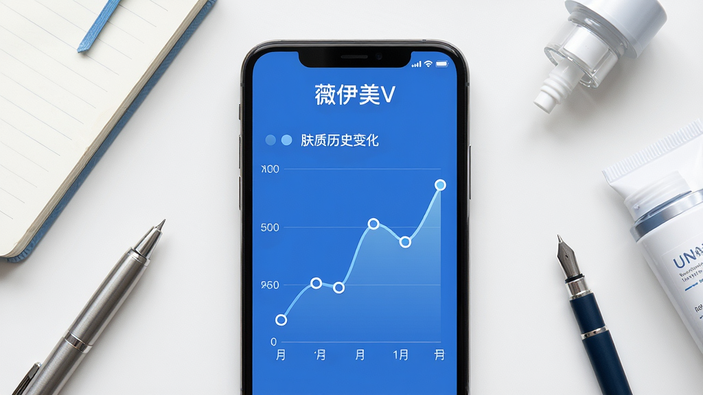 主体:手机屏幕显示薇伊美V的肤质历史变化折线图,背景为白色桌面。布局:手机居中,周围有记事本、笔和护肤小样。排版:屏幕上方为“薇伊美V”应用名,下方为图表。风格:简洁商务风,蓝色主色调。细节:折线图平滑,数据点清晰。画质:高清,干净无多余元素。