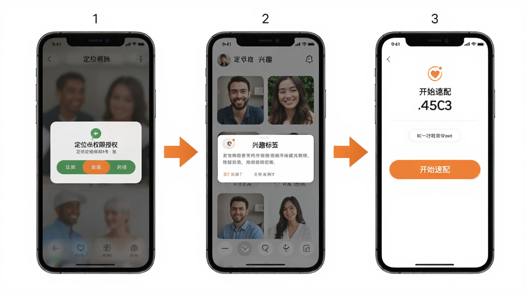 附近一对聊使用教程示意图,画面分为三个步骤,第一步是手机定位权限授权弹窗,第二步是兴趣标签选择界面,第三步是开始速配的按钮,背景为简洁的白色,配以橙色箭头指引,风格清晰明了,画质高清,无多余元素