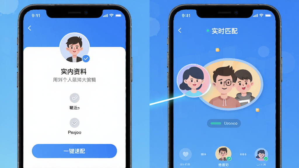 附近一对聊应用功能预览图,采用左右分屏布局,左侧是用户个人资料编辑页面,右侧是实时匹配动画界面,两个卡通人物头像通过一条发光的线连接,背景是简洁的渐变蓝色,风格扁平化设计,突出“一键速配”的核心功能,画质干净,无多余元素