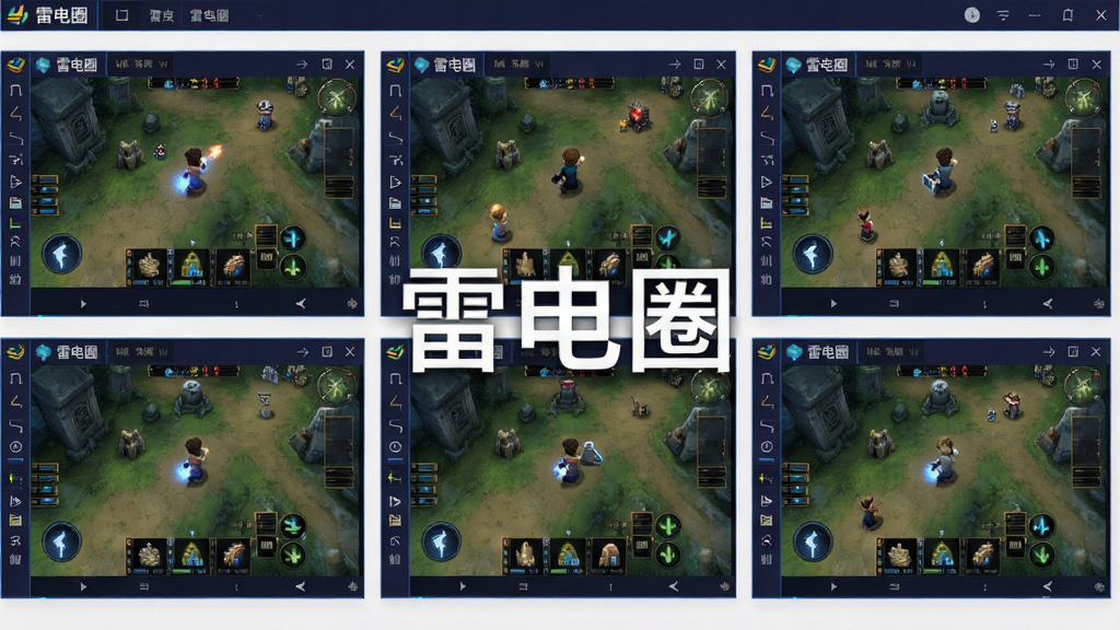 一张展示雷电圈多开管理功能的界面截图,界面中显示多个模拟器窗口同时运行,每个窗口都有独立的游戏画面,布局整齐,风格现代,画质清晰,无多余元素,突出软件名称