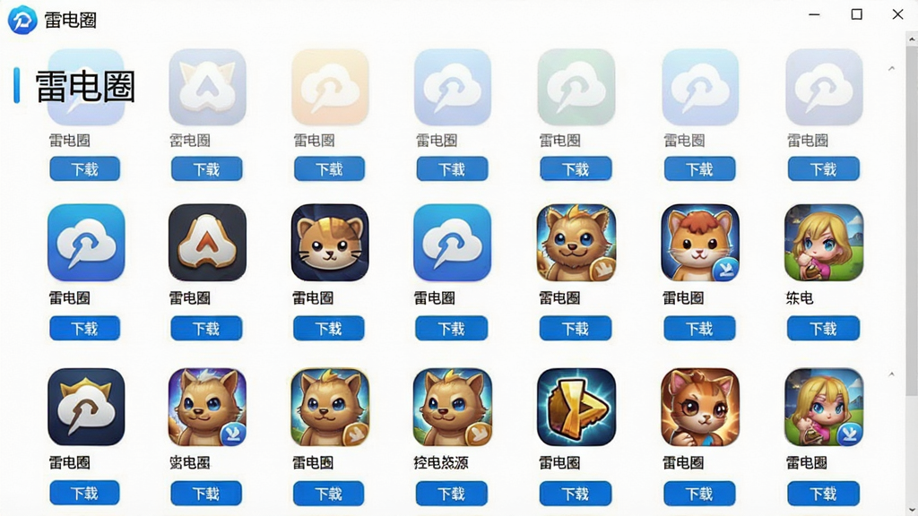 一张展示雷电圈资源下载中心的界面截图,界面中展示各类应用和游戏的推荐列表,每个图标下方有下载按钮,布局清晰,风格简洁,画质干净,无多余元素,突出软件名称