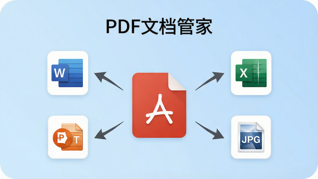 �ֻ���Ļչʾ��PDF�ĵ��ܼҡ���ʽת�����ܽ��棬����������ʾһ��PDF�ļ�ͼ�����������ʽͼ�꣨��Word��Excel��PPT��JPG��ͨ����ͷ���ӣ�����Ϊ����ɫ���䣬���ּ�࣬�Ű�����������ƽ����ϸ�ڷḻ�����ʸ��壬�ɾ��޶���Ԫ��