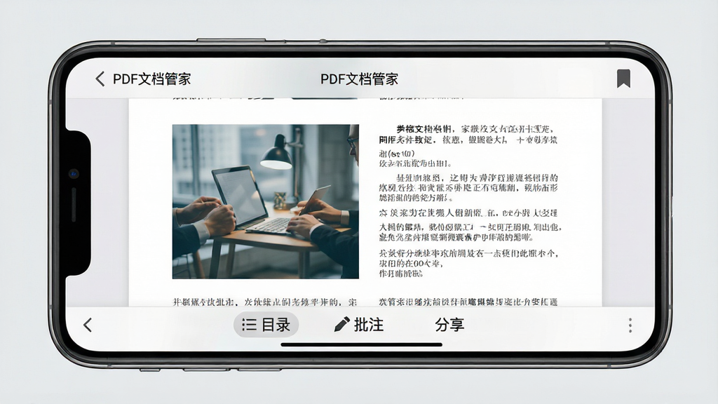 �ֻ�����չʾ��PDF�ĵ��ܼҡ��Ķ����棬ҳ����ʾһ��ͼ�Ļ��ŵ�PDF�ĵ������Ͻ�����ǩͼ�꣬�ײ��������С�Ŀ¼��������ע�������������Ȱ�ť������Ϊǳ��ɫ�������������Ű����룬�������ϸ�ڷḻ�����ʸ��壬�ɾ��޶���Ԫ��