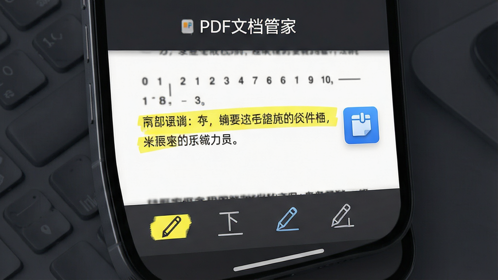 �ֻ���Ļչʾ��PDF�ĵ��ܼҡ�����ע���ܣ�PDFҳ������һ�����ֱ���ɫ�������Ա�������һ����ɫ��ǩͼ�꣬�·���������ʾ�������»��ߡ���ͼ�ȹ���ͼ�꣬����Ϊ���ɫ�����ּ�࣬�Ű��������������ϸ�ڷḻ�����ʸ��壬�ɾ��޶���Ԫ��