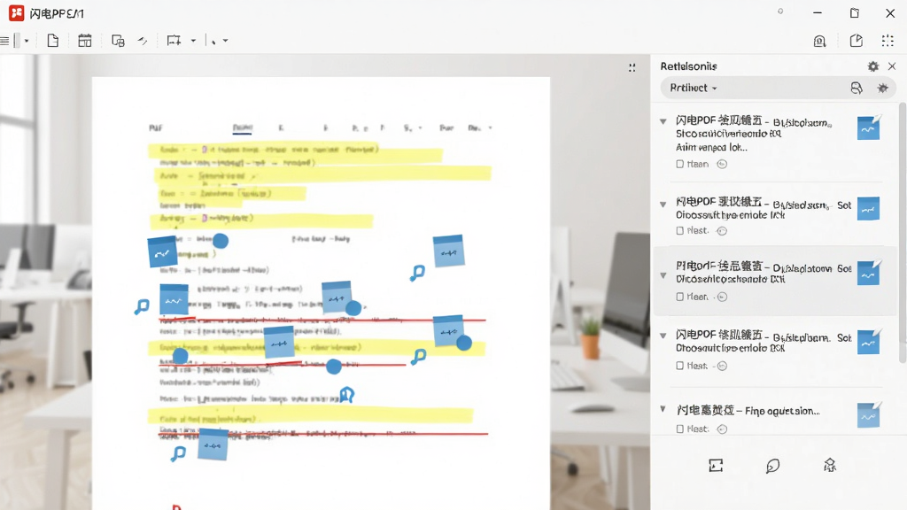 ����PDF�༭����ע���ܽ��棬PDF�ĵ�ҳ�����л�ɫ��������ɫ�»��ߺ���ɫ��ǩͼ�꣬�Ҳ���ע�б�������չʾ����ע�����ݣ�����Ϊǳɫ�칫�����������࣬����ϸ�壬�޶���Ԫ��