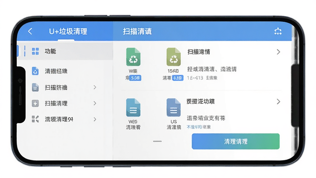 U+垃圾清理功能界面,主体为手机屏幕展示扫描结果,布局左右分栏,左侧为功能列表,右侧为扫描详情,风格扁平化,细节包含文件图标与清理按钮,画质清晰,干净整洁。