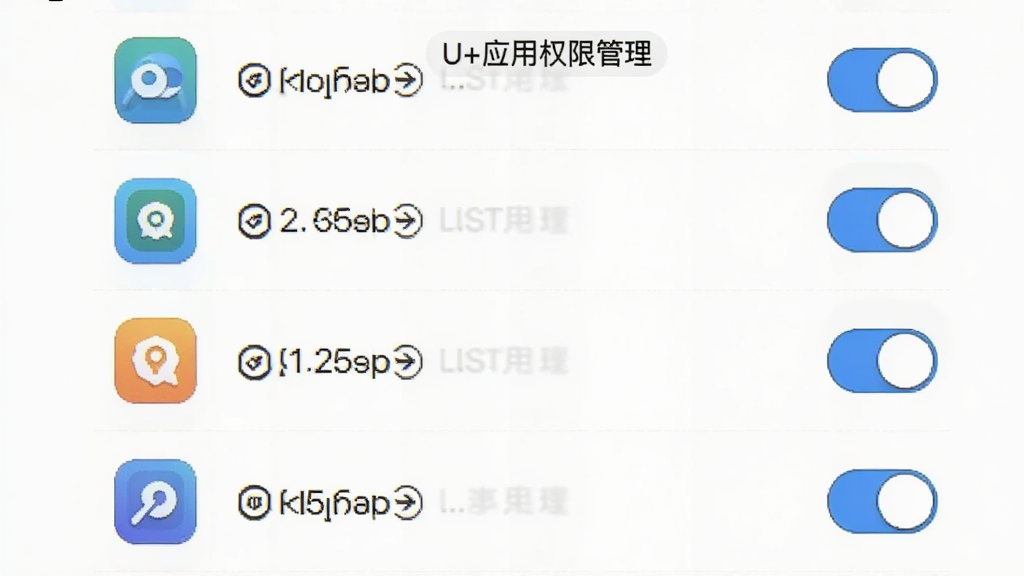 U+应用权限管理界面,主体为权限列表,布局居中,每行一个应用及其权限图标,风格简约,细节有开关按钮,画质高清,无多余元素。