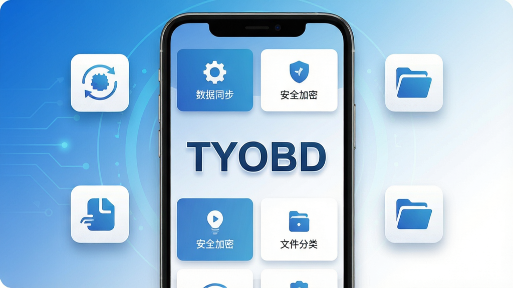 主视觉图展示TYOBD软件在智能手机上的运行界面,主体是清晰的功能模块网格布局,背景为渐变的科技蓝与纯净白过渡,整体风格扁平化且带有微质感阴影,画面中央悬浮着软件名称“TYOBD”字样,四周环绕着数据同步、安全加密、文件分类等抽象图标,排版疏朗有致,画质高清干净,无多余元素