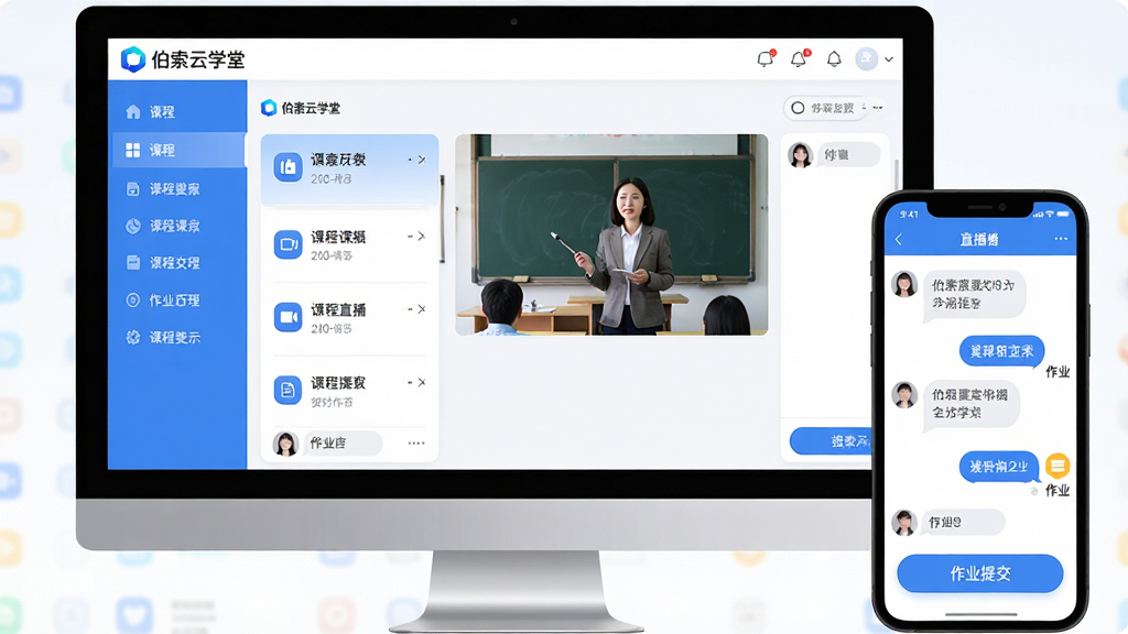 主体:伯索云学堂软件界面在电脑与手机上的展示效果,主界面包含课程列表、直播窗口、作业图标。布局:左侧为课程导航栏,右侧为直播画面与聊天互动区域,底部为作业提交按钮。排版:界面清晰,图标圆润,色彩以蓝色和白色为主。风格:现代科技感,扁平化设计,明亮通透。细节:屏幕上显示“伯索云学堂”Logo,直播画面中有教师授课场景,聊天区有学生消息气泡。画质:高清,干净,无多余元素。