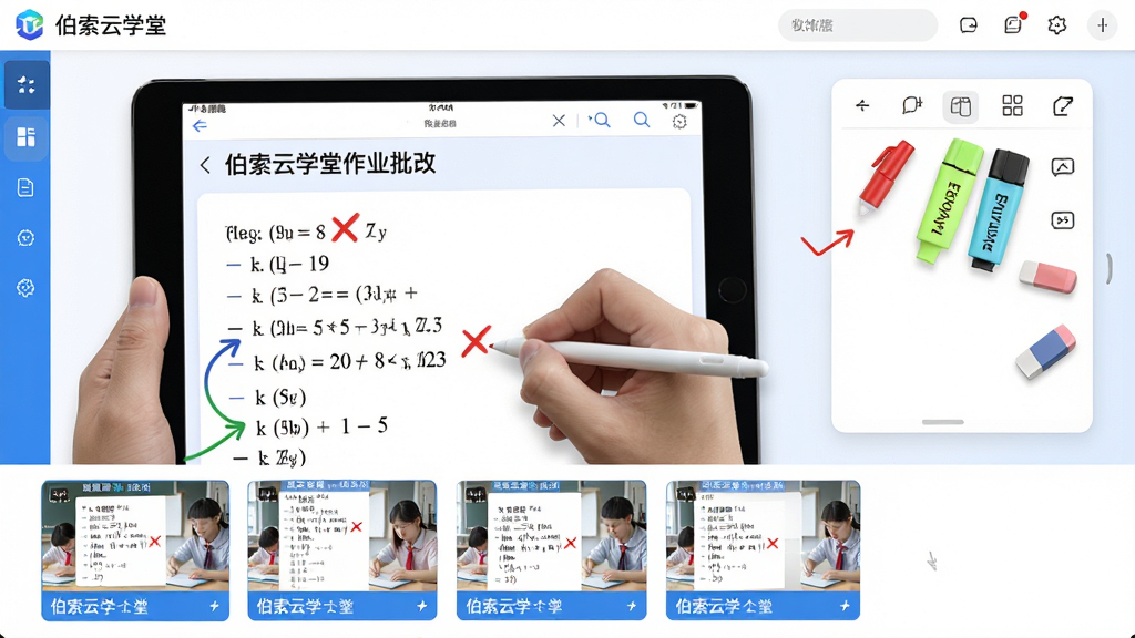 主体:伯索云学堂作业批改界面,教师正在使用平板批改学生提交的数学作业。布局:屏幕左侧为作业题目,右侧为批注工具栏,下方为多个学生作业缩略图。排版:批注箭头与红色勾叉清晰可见,色彩以白色和蓝色为主。风格:简洁高效,教育办公风。细节:批注工具栏包含红笔、荧光笔、橡皮等,学生缩略图上有姓名和得分,软件名称“伯索云学堂”出现在顶部导航栏。画质:高清,干净,无多余元素。