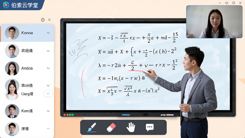 主体:伯索云学堂直播课堂界面,教师正在使用电子白板讲解数学题。布局:屏幕中央为白板区,有粉笔字迹,右上角为教师摄像头画面,左侧为在线学生列表,底部为互动工具条。排版:层次分明,白板清晰,工具图标排列整齐。风格:教育科技感,色彩柔和。细节:白板上写有公式,学生列表显示头像与名字,工具条包含画笔、橡皮、举手、聊天等图标,软件名称“伯索云学堂”在左上角显示。画质:高清,干净,无多余元素。