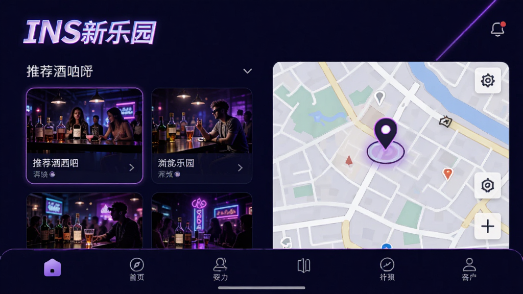 INS新乐园主界面预览图,展示了应用首页的推荐酒吧列表、地图定位功能以及底部导航栏,整体风格时尚动感,色彩以深蓝和紫色为主,搭配霓虹灯效果,界面干净清晰,突出“INS新乐园”品牌LOGO,画质高清,无多余元素。