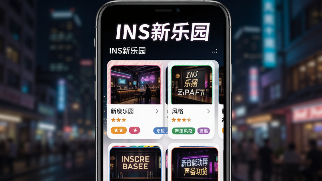 INS新乐园智能推荐功能预览,手机屏幕上展示多个酒吧卡片,卡片上有酒吧名称、距离、评分和风格标签,背景为模糊的城市夜景,界面设计现代,使用卡片式布局,色彩鲜艳,突出“INS新乐园”字样,画质干净,无多余元素。