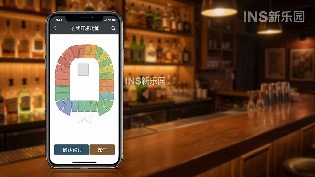 INS新乐园在线订座功能界面,手机展示酒吧座位图,不同区域用不同颜色标注,底部有确认预订和支付按钮,背景为暖色调的吧台照片,界面简洁清晰,带有“INS新乐园”水印,画质高清,无杂乱元素。