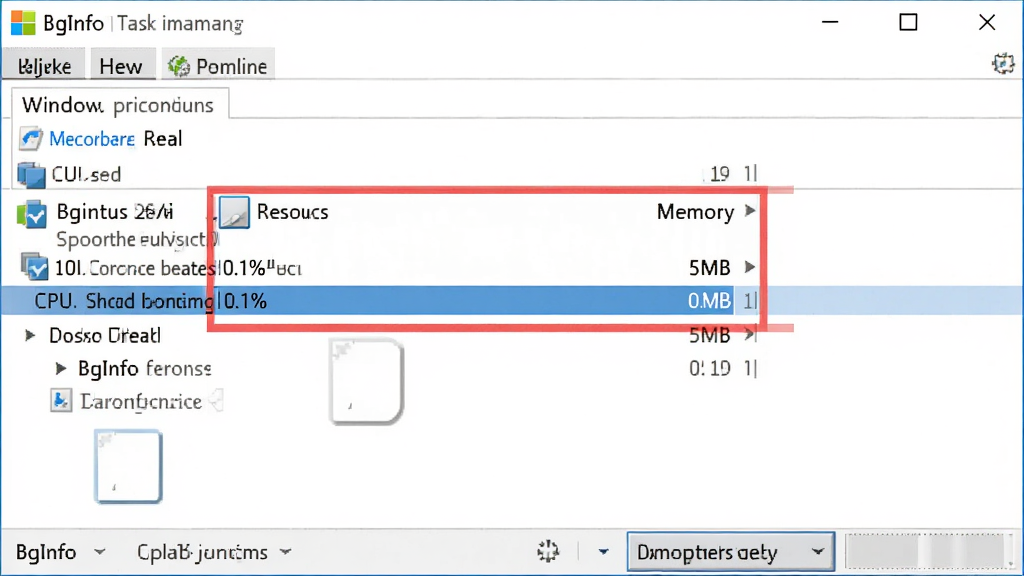 一张Windows任务管理器的截图,其中BgInfo进程被红色框选,显示其CPU占用率仅为0.1%,内存占用为5MB,背景为任务管理器界面,整体风格写实清晰,突出软件低资源占用的特点,画质干净,无多余元素