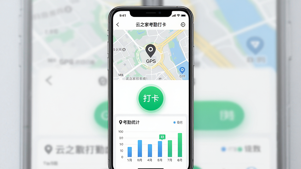 主体:云之家考勤打卡界面,显示手机GPS定位地图,打卡按钮醒目,下方显示考勤统计图表;布局:手机竖屏展示,地图占上半部分,统计图表占下半部分;排版:界面元素简洁,打卡按钮为圆形,绿色高亮;风格:清新直观,科技感;细节:地图上有公司位置标记,统计图以柱状图显示,画面干净;画质:高清,无多余元素