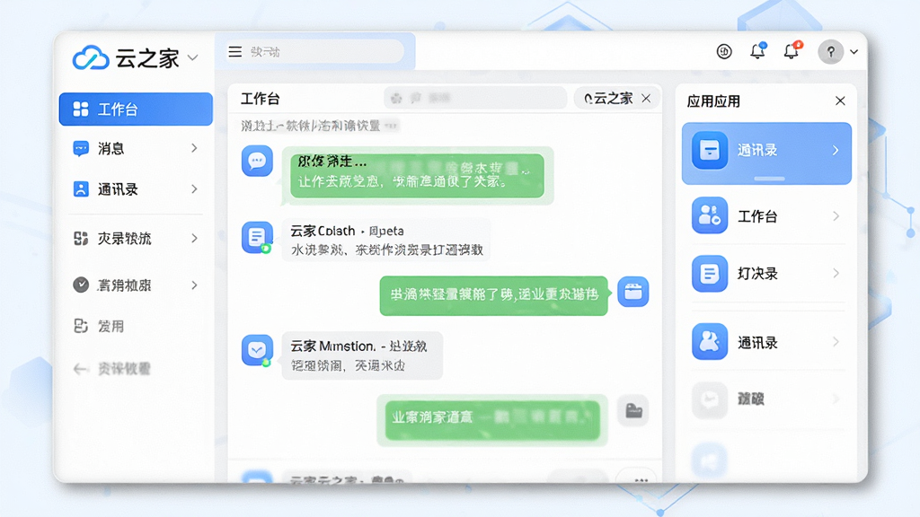主体:云之家软件主界面展示,包含左侧功能导航栏、中间聊天窗口、右侧应用面板;布局:清晰的三栏式布局,整体风格现代简约,以蓝色和白色为主色调;排版:界面元素排列整齐,图标圆润精致,文字清晰可读;风格:商务科技感,扁平化设计;细节:界面显示“云之家”Logo及“工作台”、“消息”、“通讯录”等标签,画面干净明亮;画质:高清,无多余元素