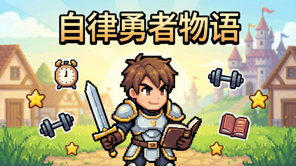主体:一位身着轻甲的像素风勇者站在晨光中的村庄广场,背景有“自律勇者物语”的标题文字,勇者手持长剑与书本,面带坚定微笑;布局:标题置于画面上方居中,勇者位于中央偏下,四周环绕漂浮的星星、闹钟、哑铃、书本等自律元素图标;排版:游戏宣传图风格,主体突出,文字清晰;风格:清新治愈的像素艺术风格,色彩明亮温暖;细节:勇者铠甲边缘有金色高光,地面有细腻的草地纹理,远处有城堡轮廓;画质:高分辨率,干净,无多余元素。